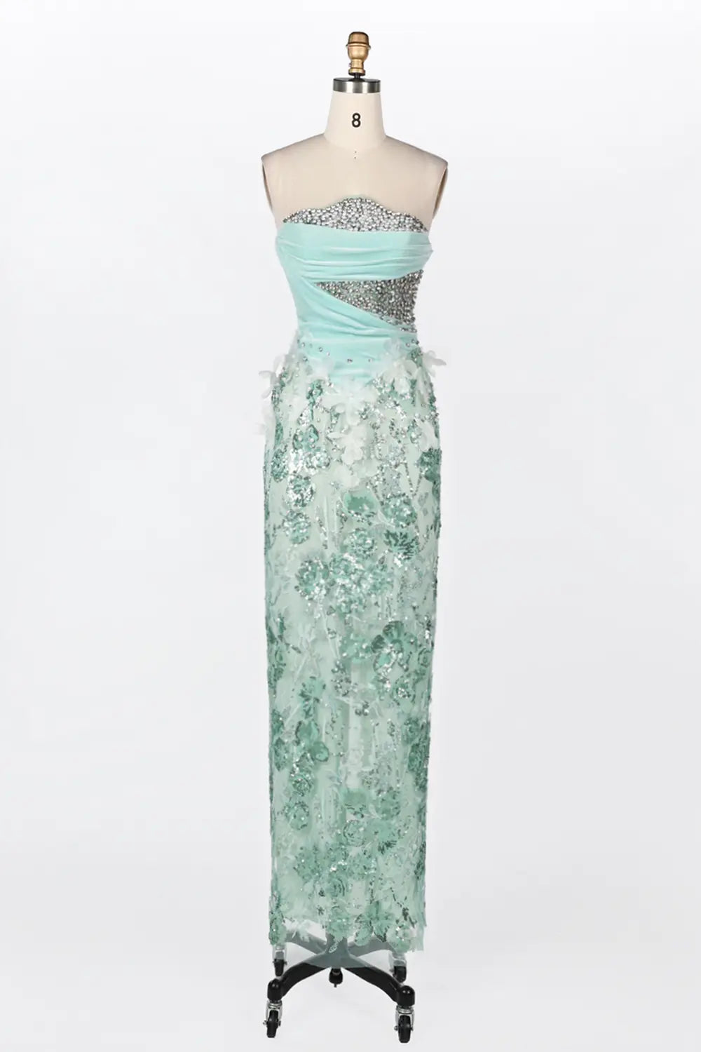 Vestido de noche verde palabra de honor con lentejuelas y flores