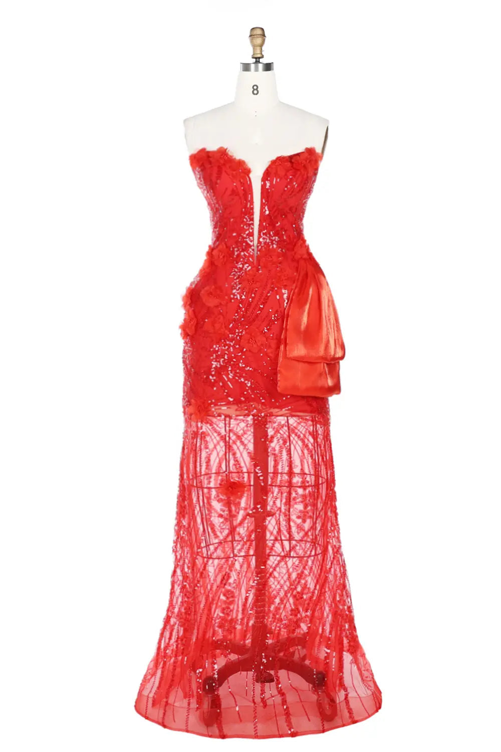 Vestido de noche rojo palabra de honor con lentejuelas y malla transparente