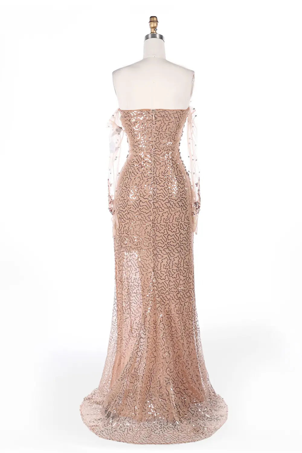 Vestido de noche champán con corsé, lentejuelas y abertura