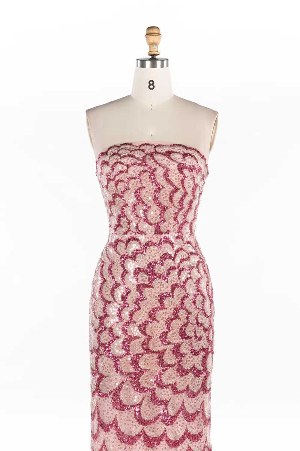 Vestido largo rosa de sirena palabra de honor con lentejuelas efecto escamas