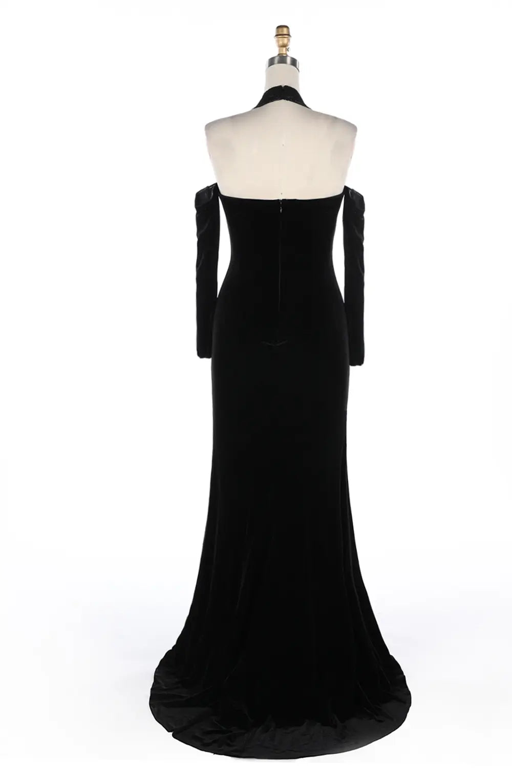 Vestido de noche negro halter de terciopelo con transparencias