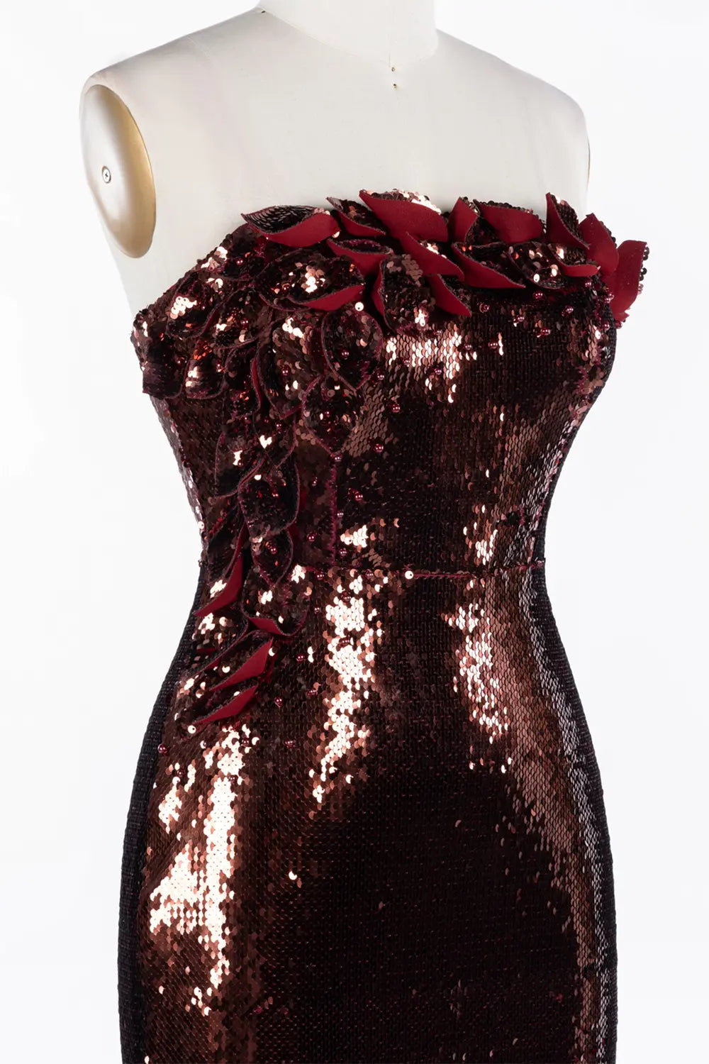 Vestido de noche burdeos de sirena con lentejuelas brillantes y rosas 3D