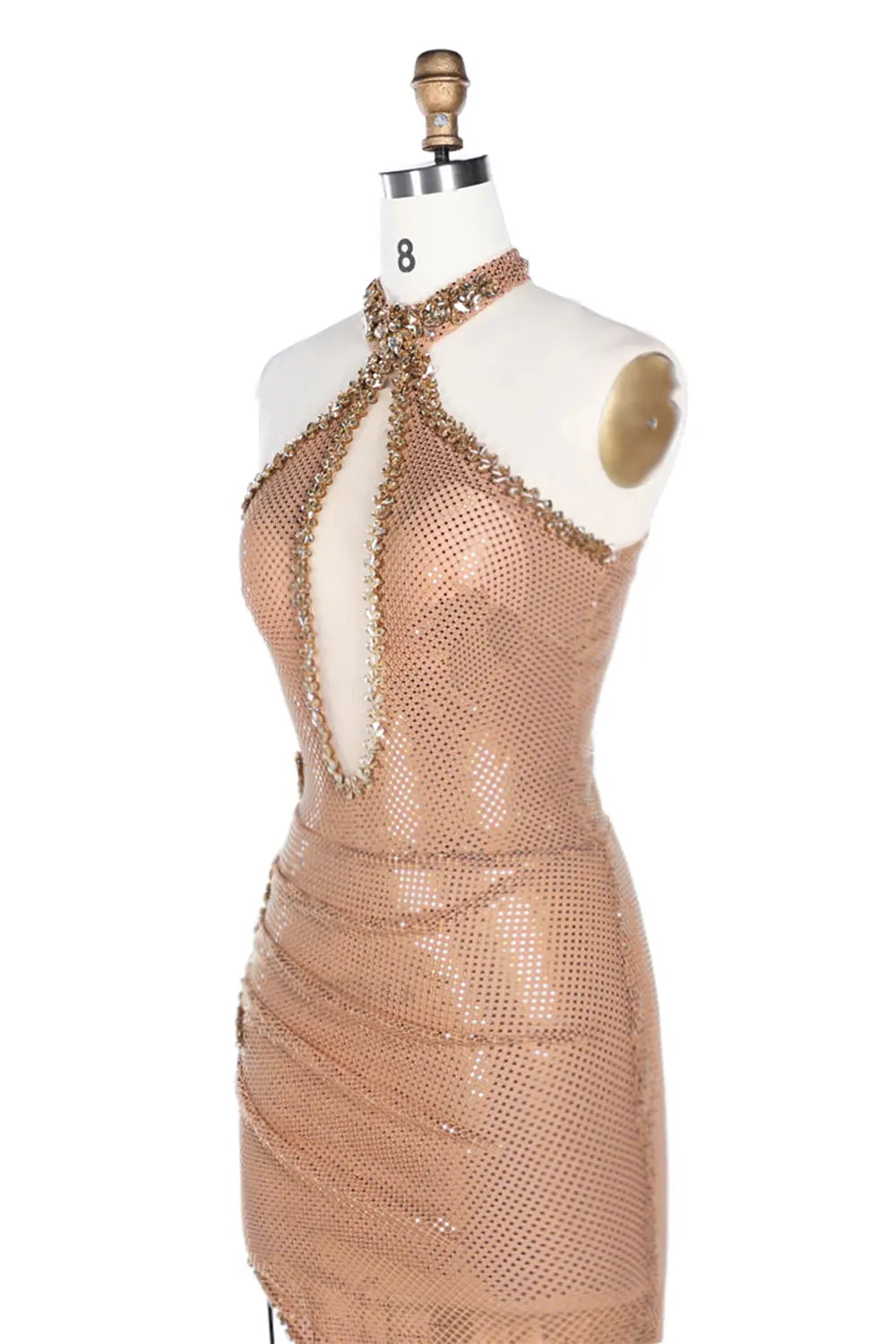 Vestido largo champán halter con abertura