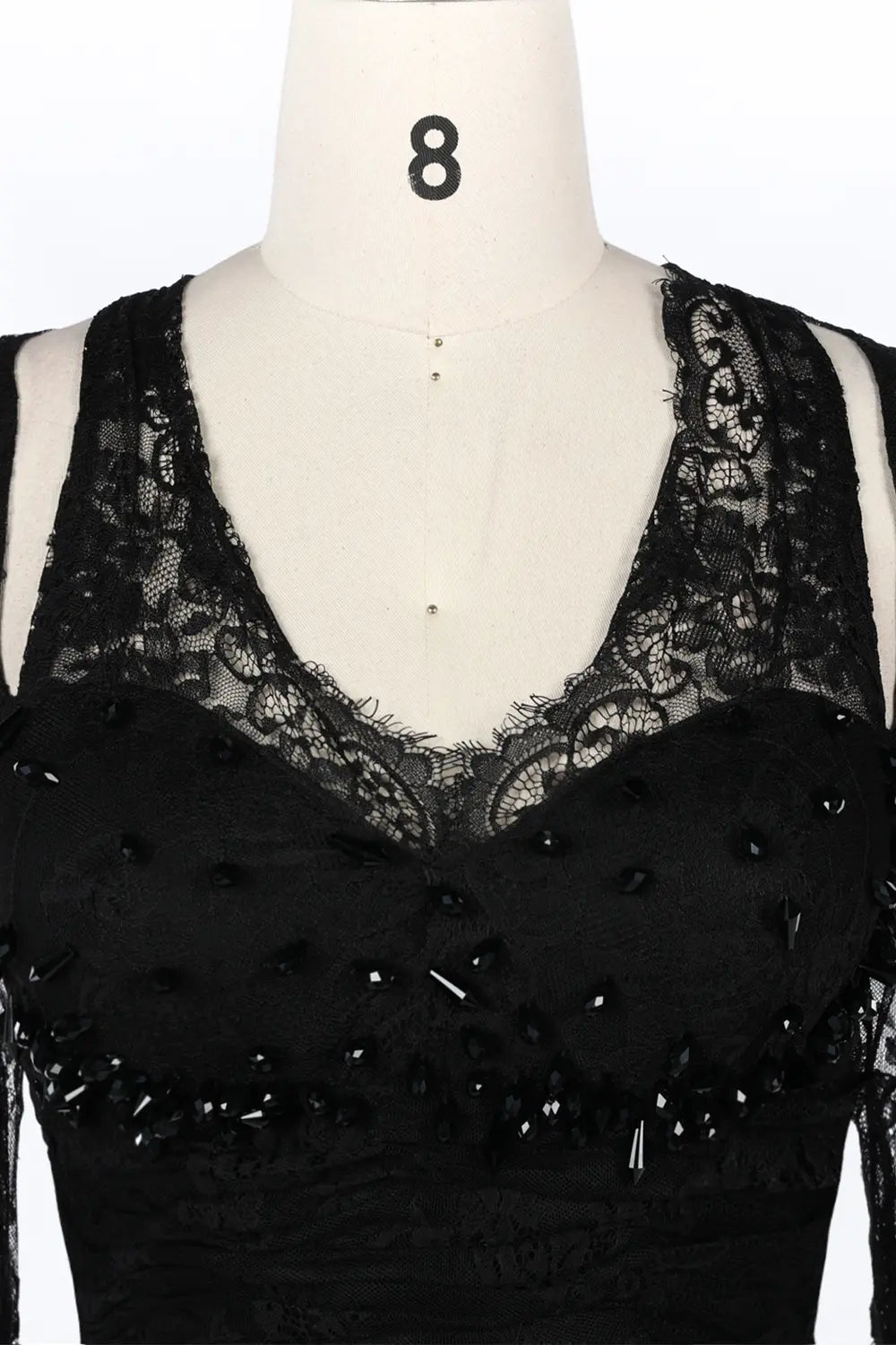 Vestido de noche negro de sirena con mangas de encaje y abalorios