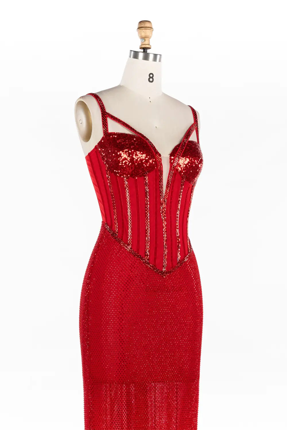 Vestido de noche rojo con corsé, escote profundo, lentejuelas y malla brillante