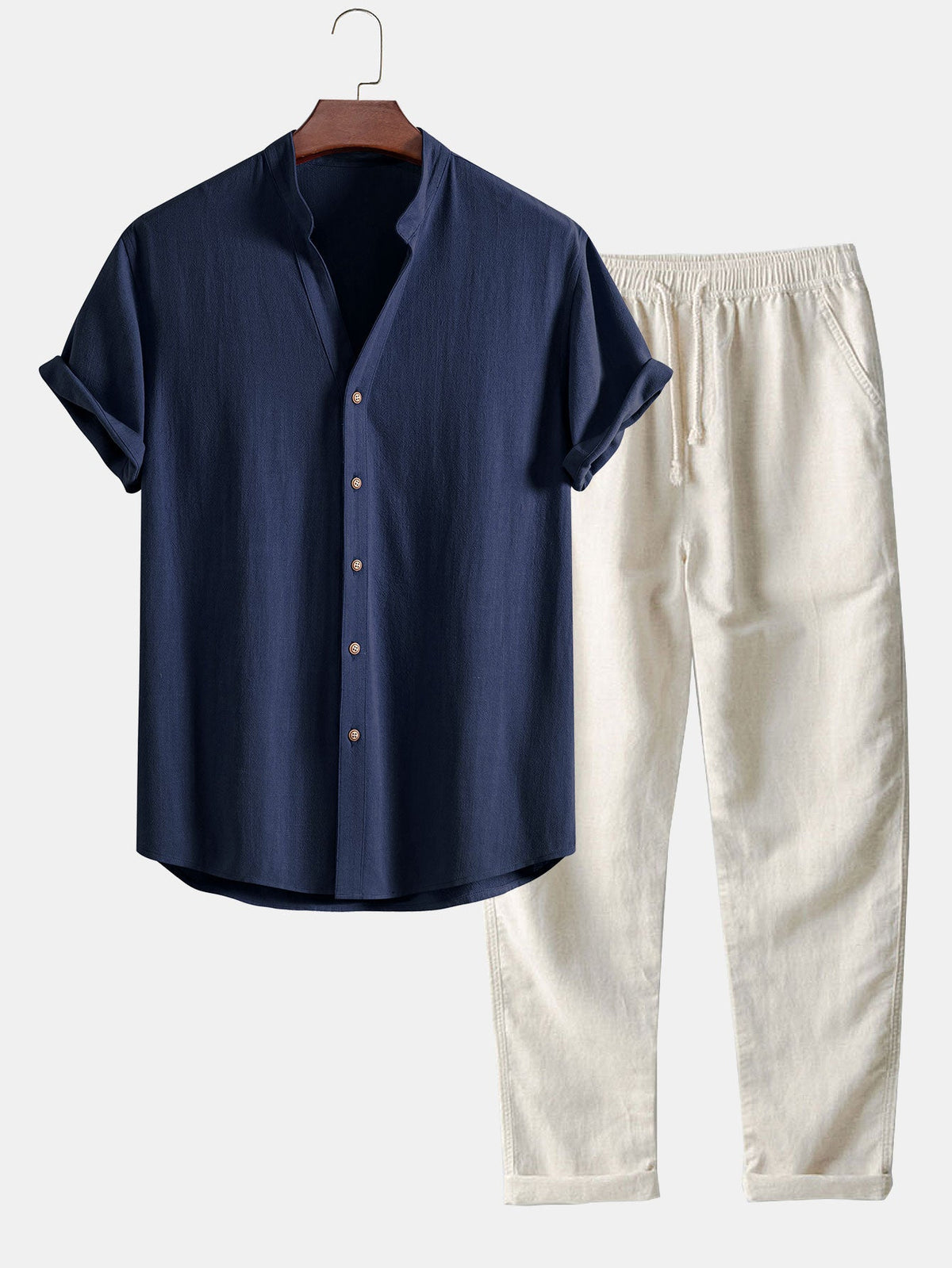 Camisa de mezcla de lino y rayón con cuello en V y pantalones de lino de pierna recta