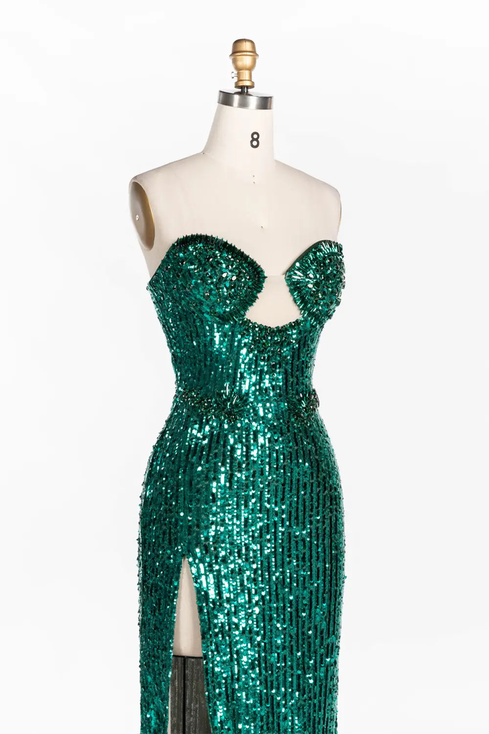 Vestido de noche verde palabra de honor con lentejuelas