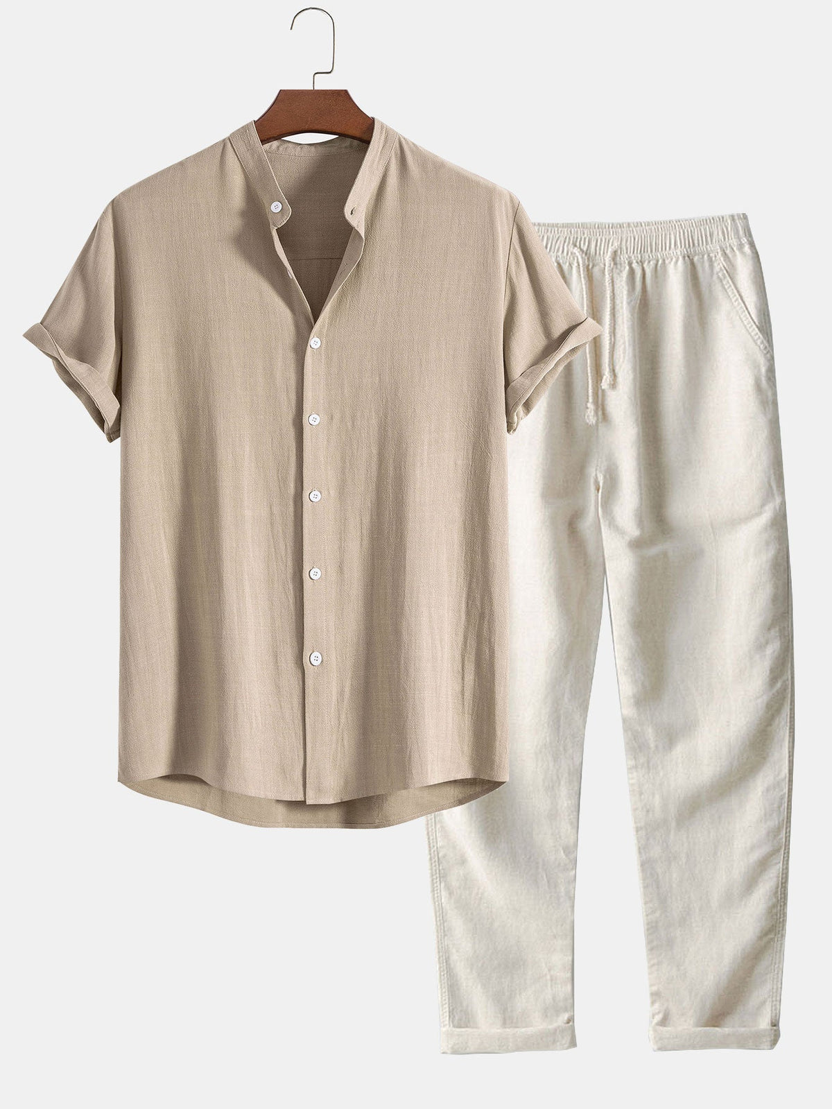 Camisa con Cuello de Pie de Mezcla de Lino y Rayón y Pantalones de Lino de Pierna Recta
