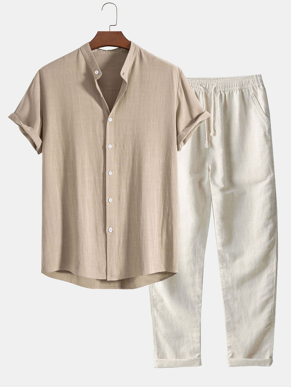 Camisa con Cuello de Pie de Mezcla de Lino y Rayón y Pantalones de Lino de Pierna Recta