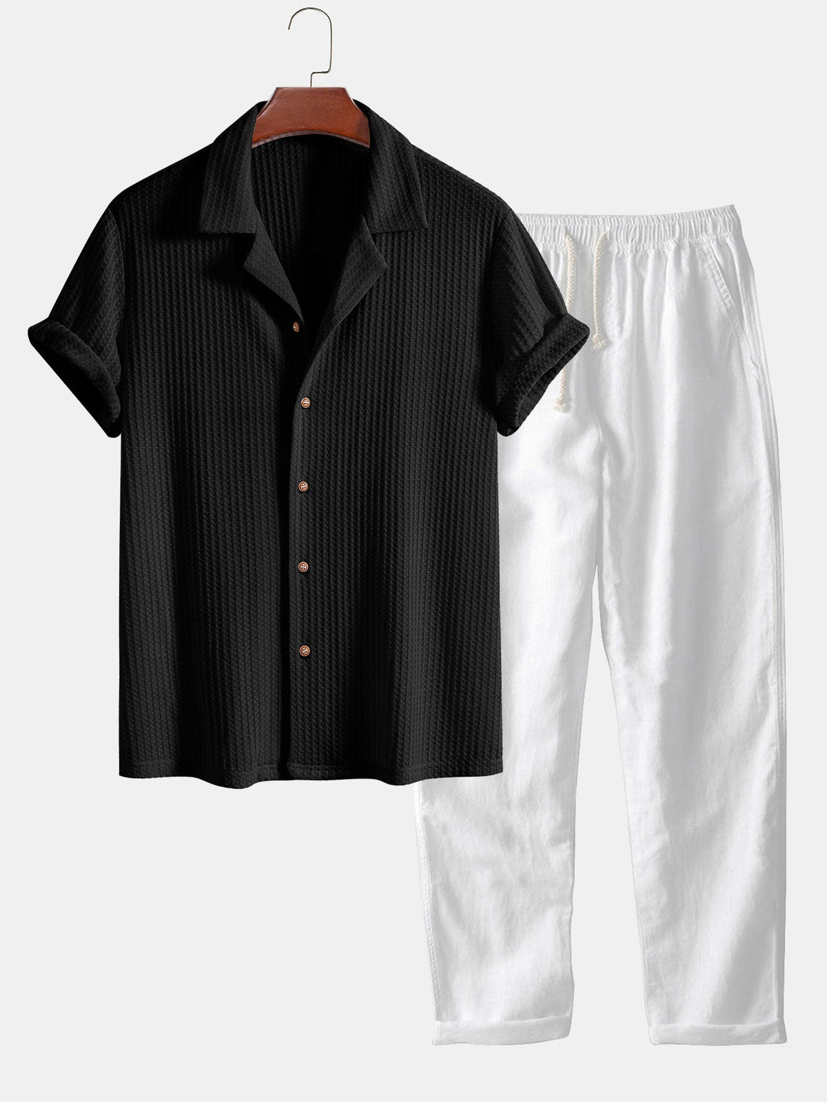 Camisa cubana de punto waffle de manga corta y pantalones de lino de pierna recta