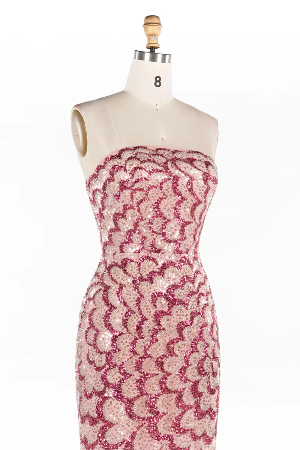 Vestido largo rosa de sirena palabra de honor con lentejuelas efecto escamas