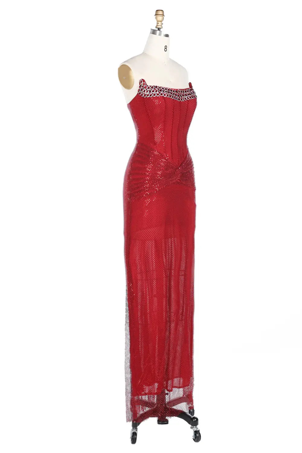 Vestido de noche rojo palabra de honor con lentejuelas