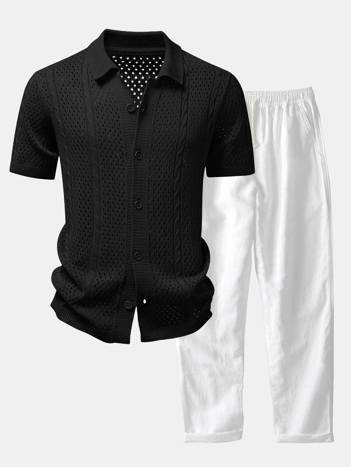 Camisa de punto abierta y pantalones de lino de pierna recta
