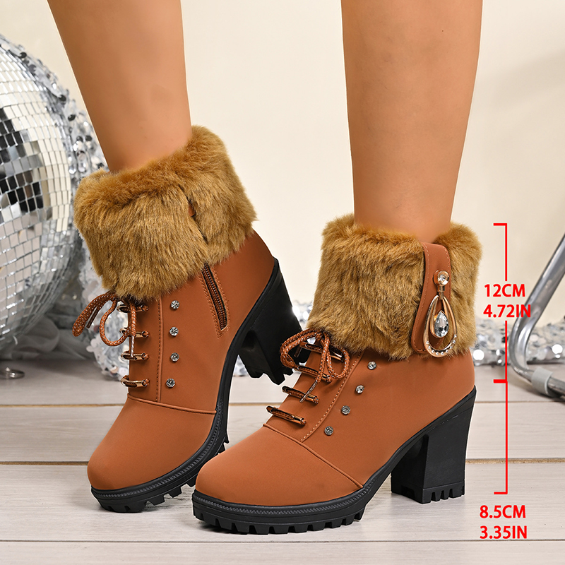 Botas cálidas con strass, tacón ancho y cremallera lateral