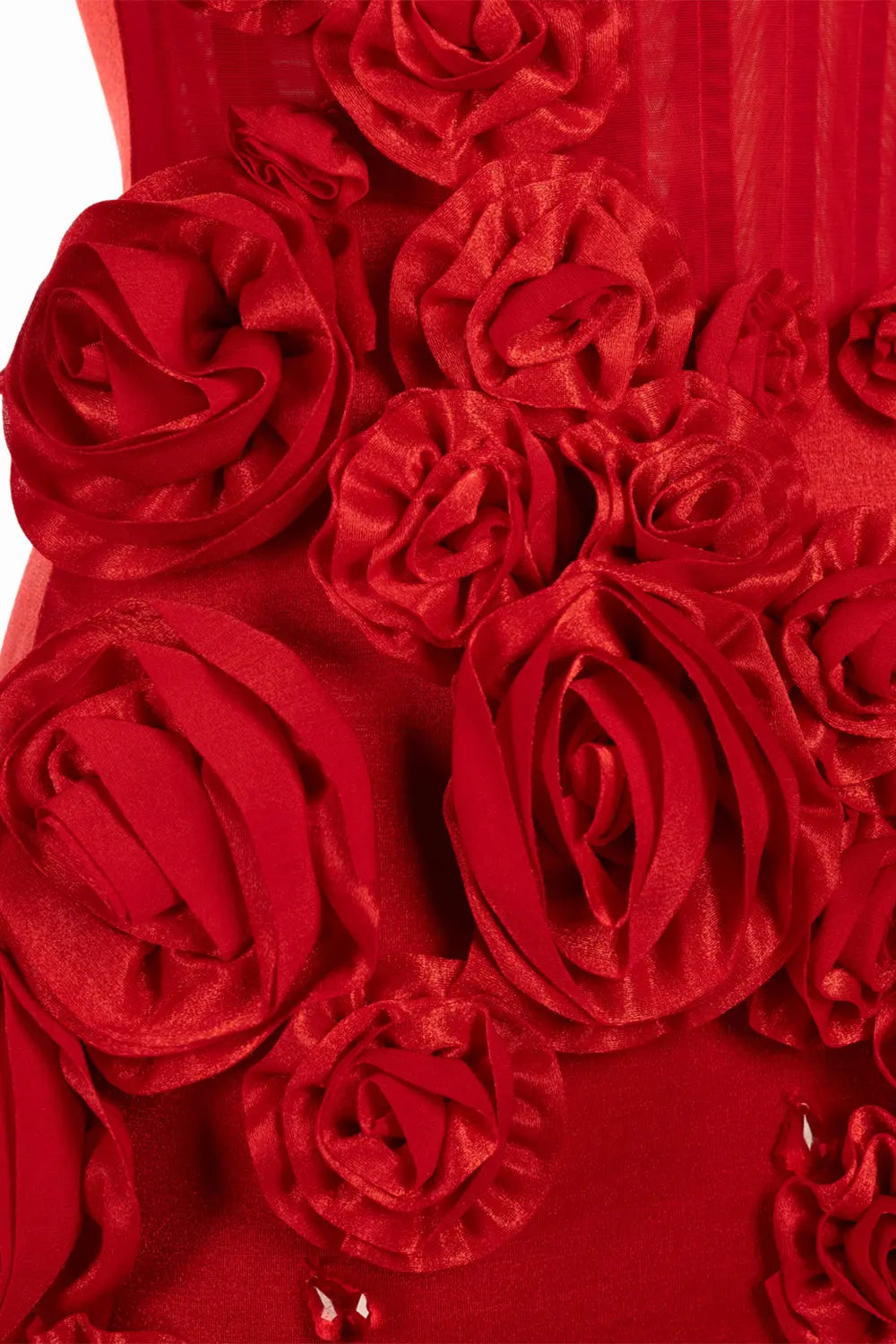 Vestido corto rojo halter ajustado con corsé y rosetas florales 3D