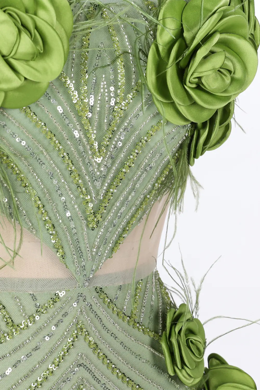 Vestido largo verde palabra de honor con lentejuelas florales