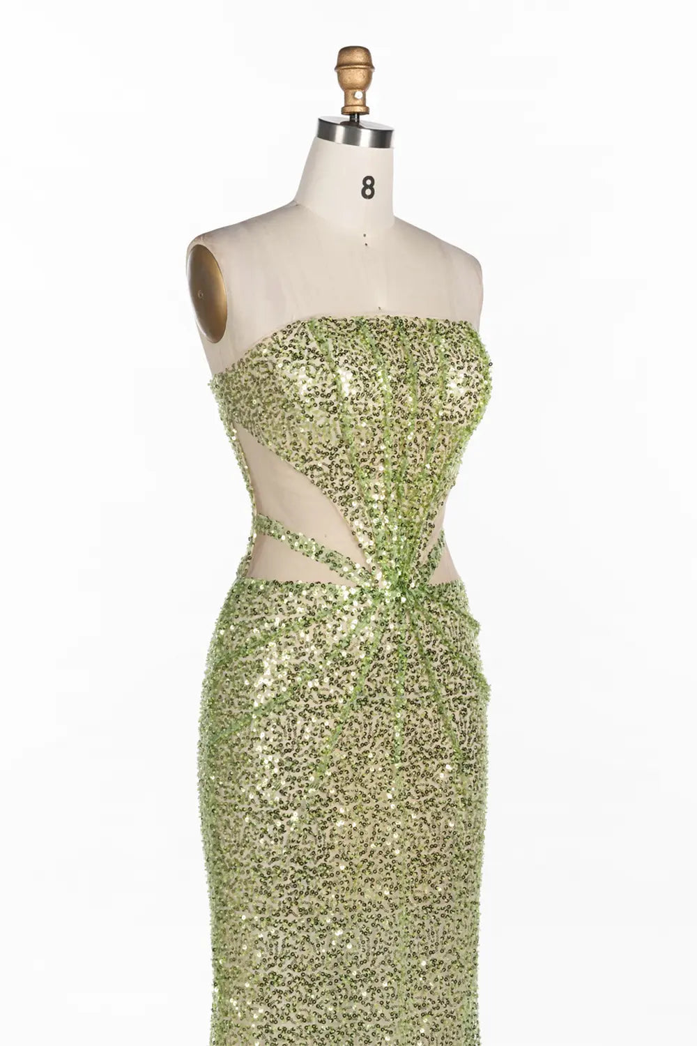 Vestido de noche verde palabra de honor con lentejuelas y aberturas
