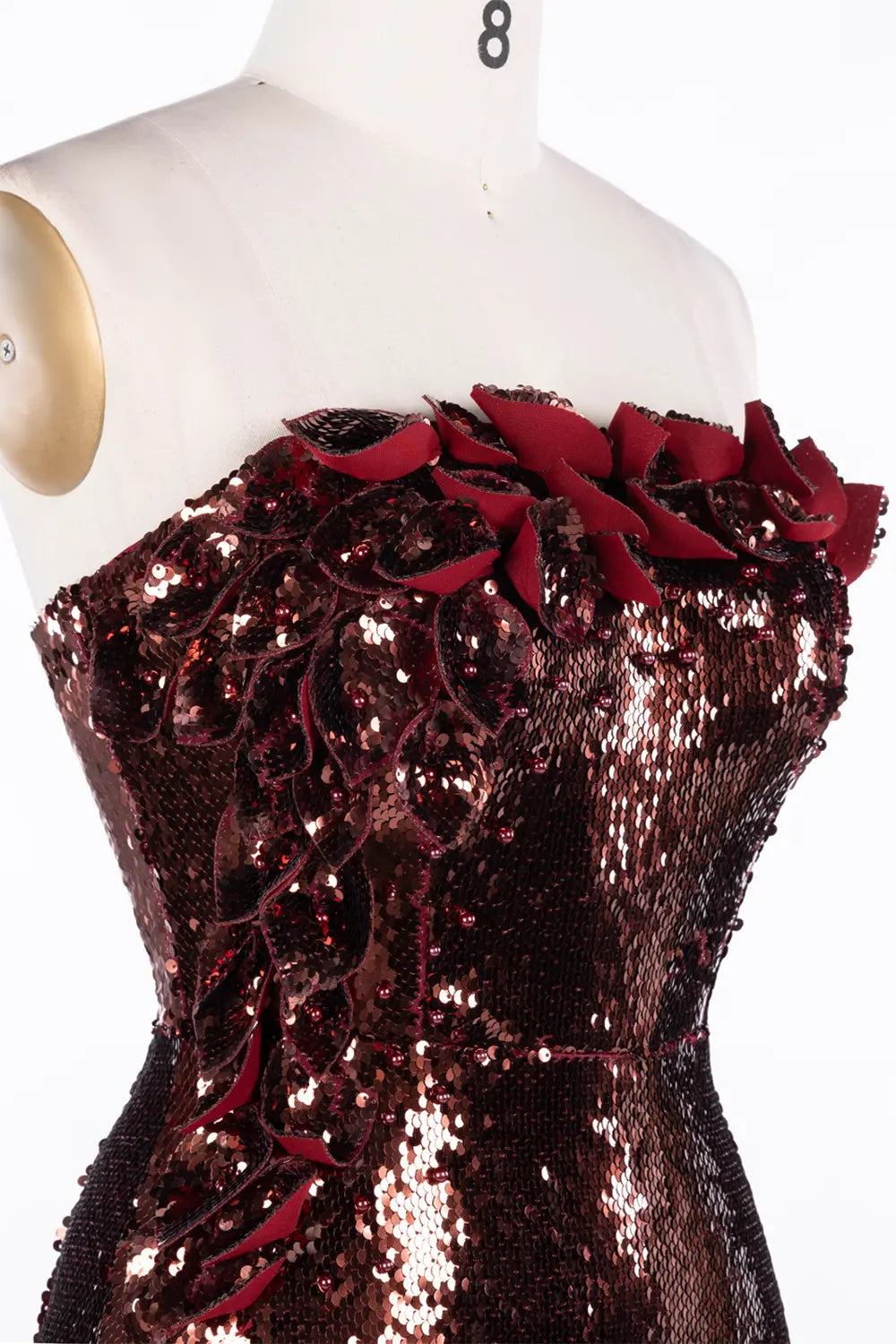 Vestido de noche burdeos de sirena con lentejuelas brillantes y rosas 3D