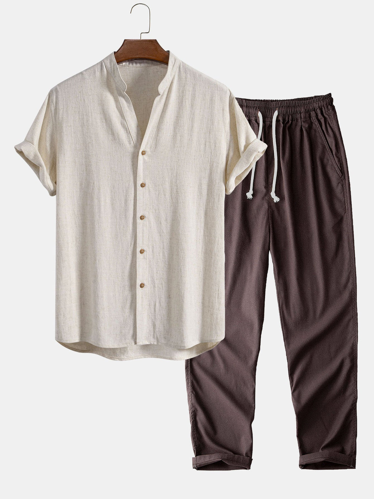 Camisa de mezcla de lino y rayón con cuello en V y pantalones de lino de pierna recta