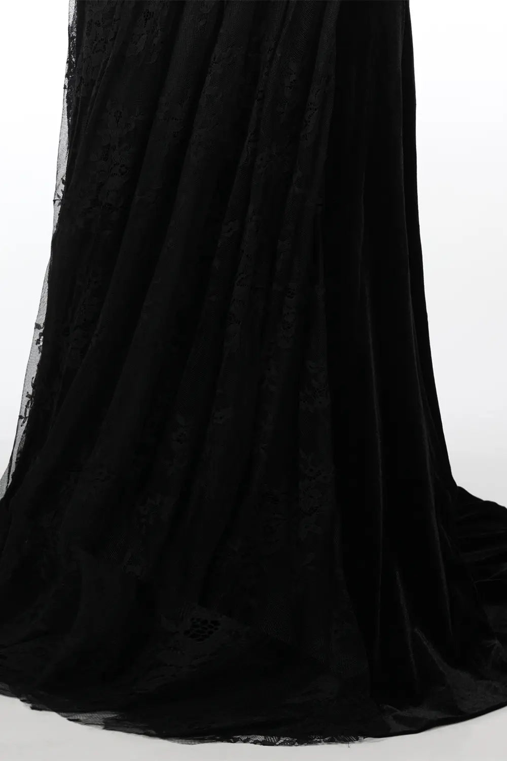 Vestido de noche negro de sirena con mangas de encaje y abalorios