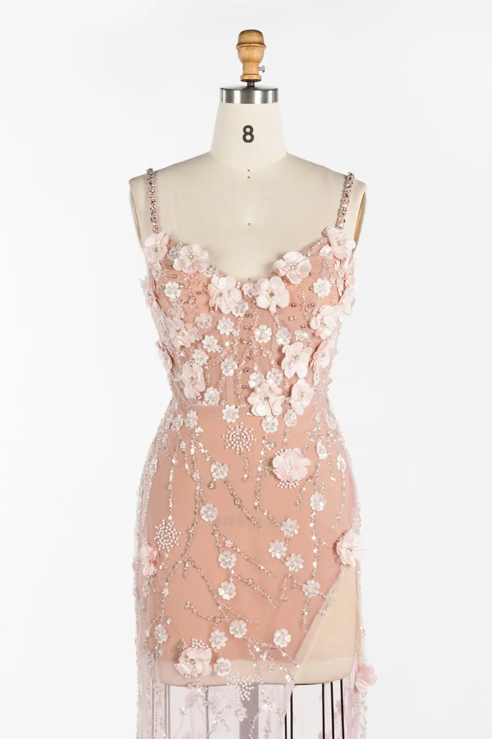 Vestido de noche rosa de sirena con tul y flores 3D