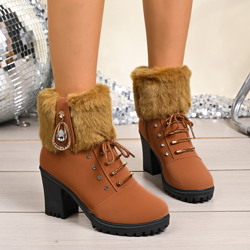 Botas cálidas con strass, tacón ancho y cremallera lateral