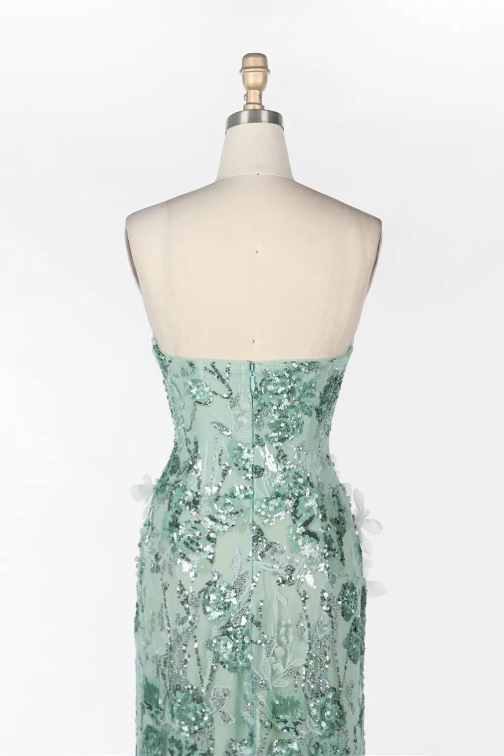Vestido de noche verde palabra de honor con lentejuelas y flores