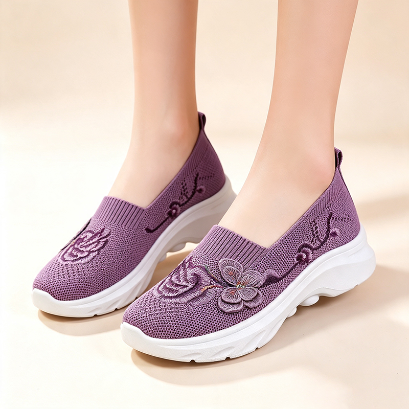 Zapatos de punto transpirable bordados con flores, con plataforma y sin cordones