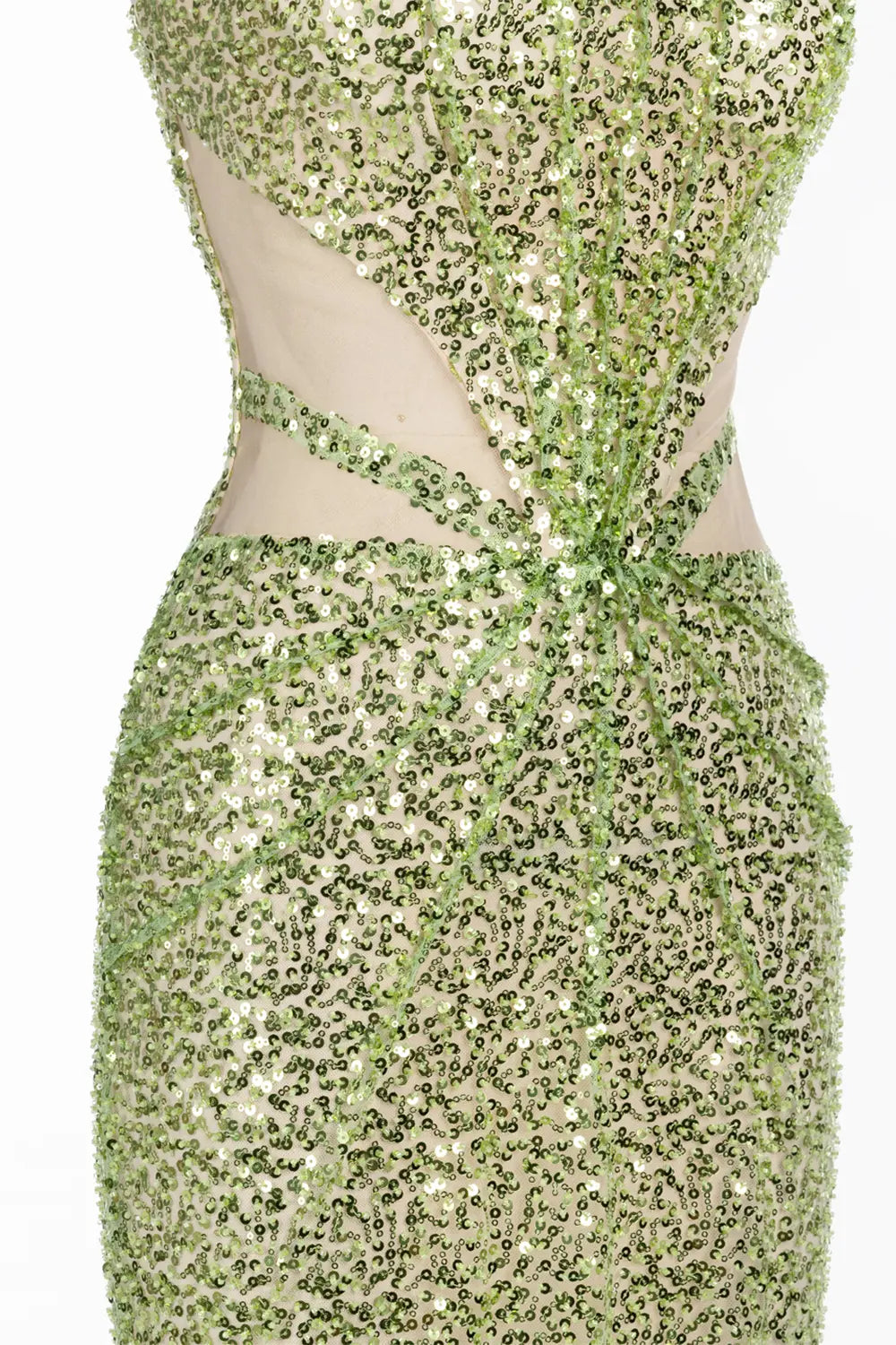 Vestido de noche verde palabra de honor con lentejuelas y aberturas