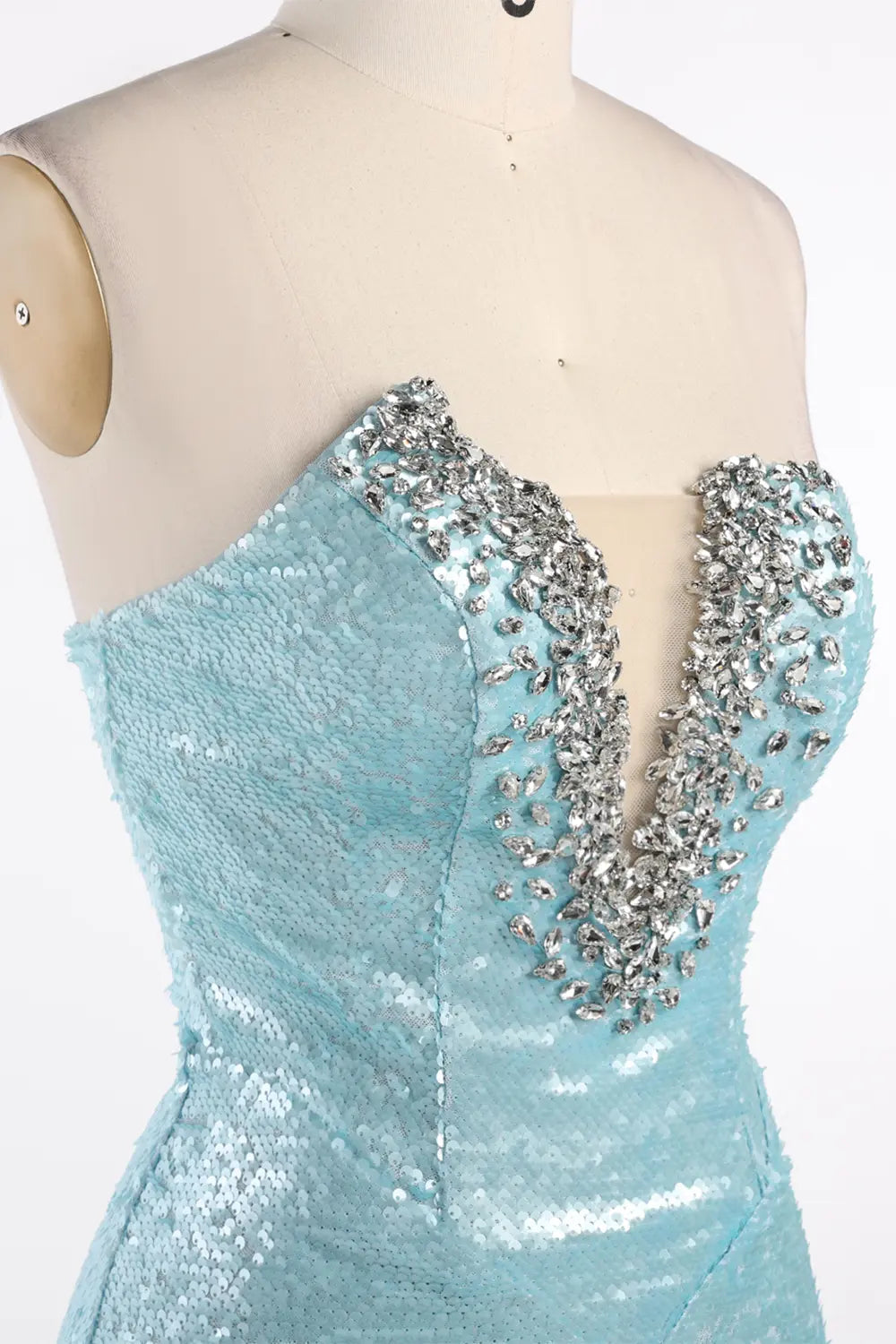 Vestido de noche azul palabra de honor con lentejuelas y abalorios