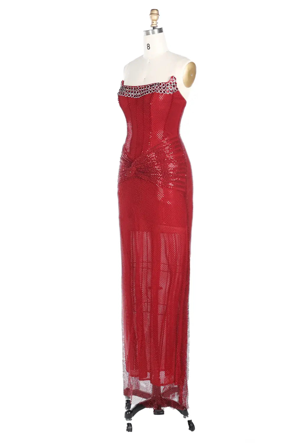 Vestido de noche rojo palabra de honor con lentejuelas