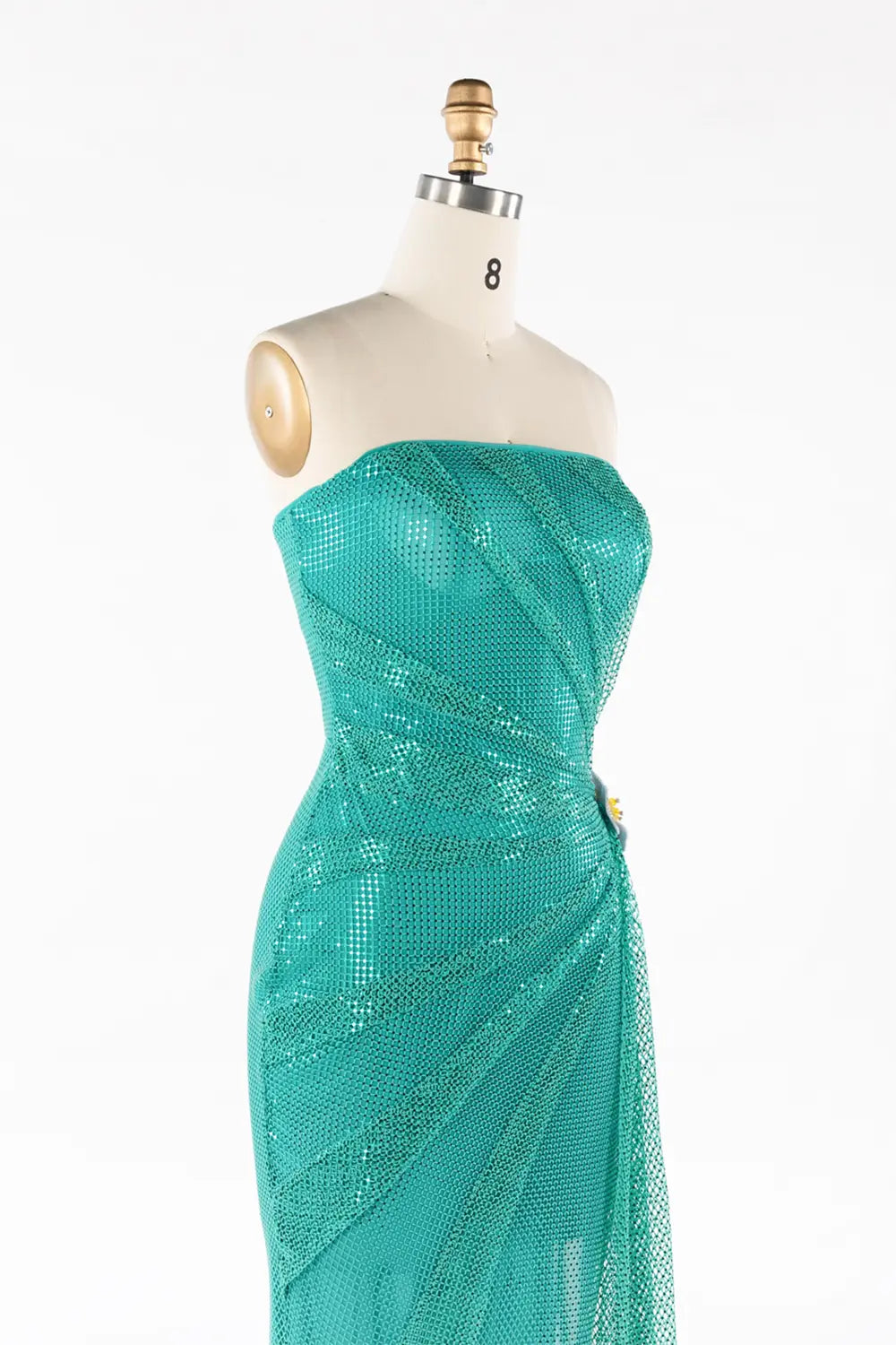 Vestido de noche verde esmeralda palabra de honor con lentejuelas y abertura
