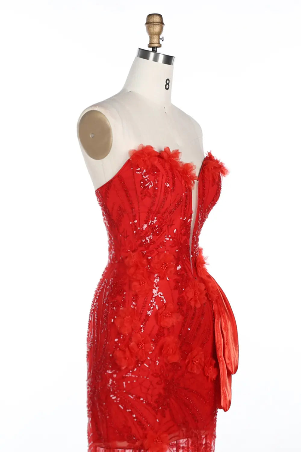 Vestido de noche rojo palabra de honor con lentejuelas y malla transparente