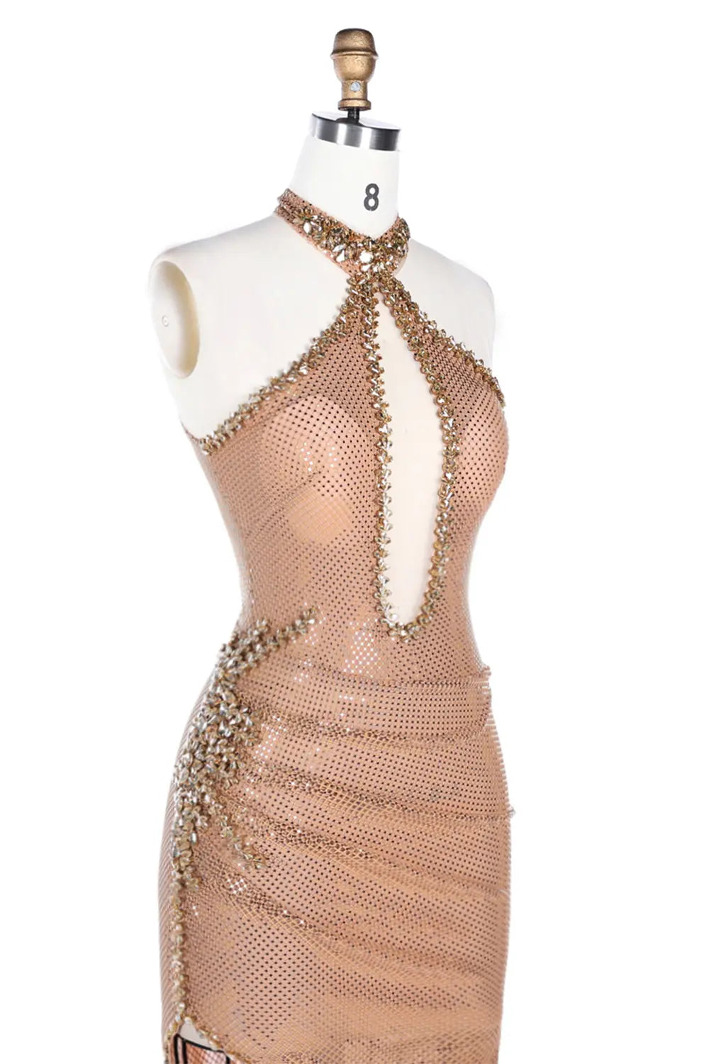 Vestido largo champán halter con abertura