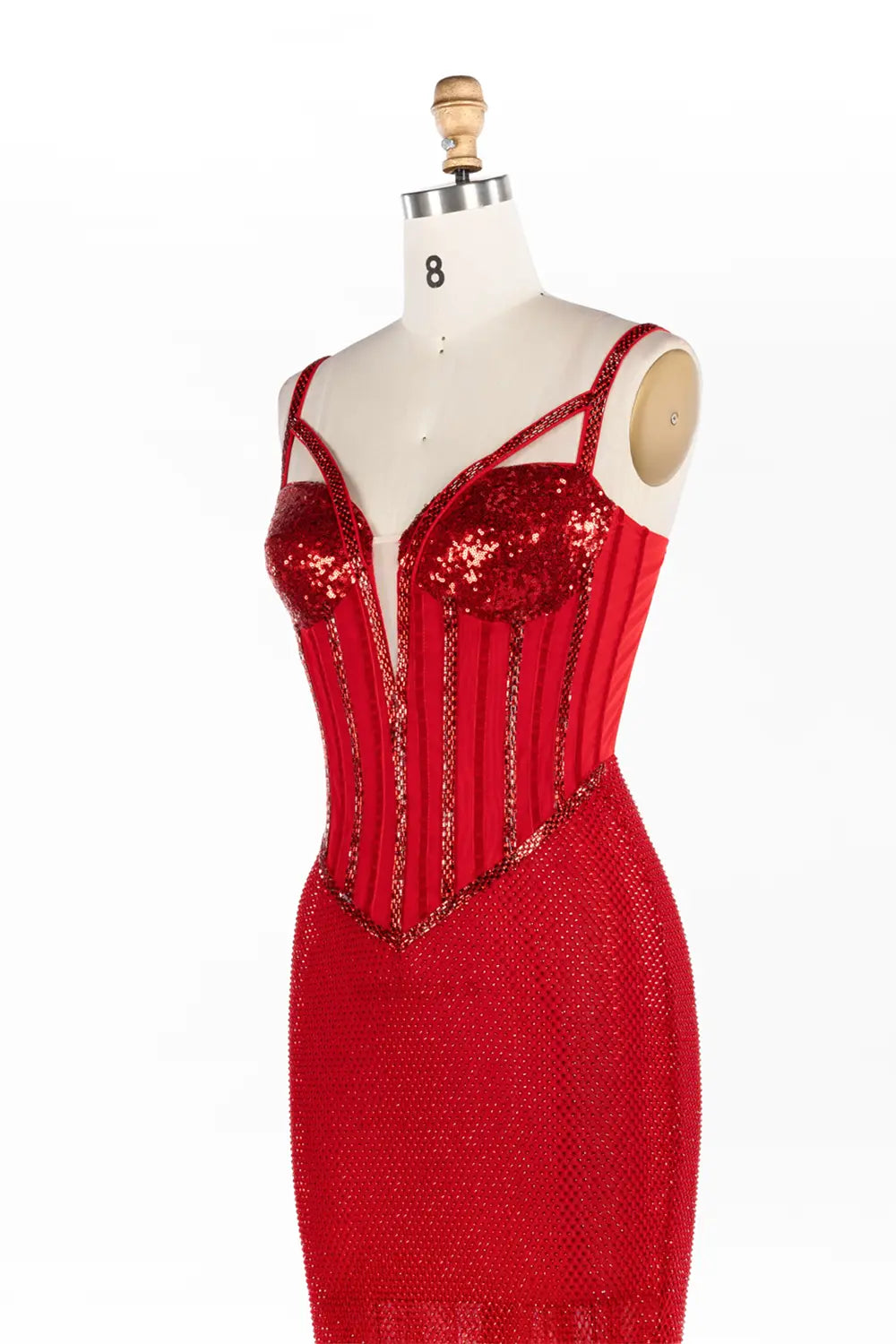Vestido de noche rojo con corsé, escote profundo, lentejuelas y malla brillante