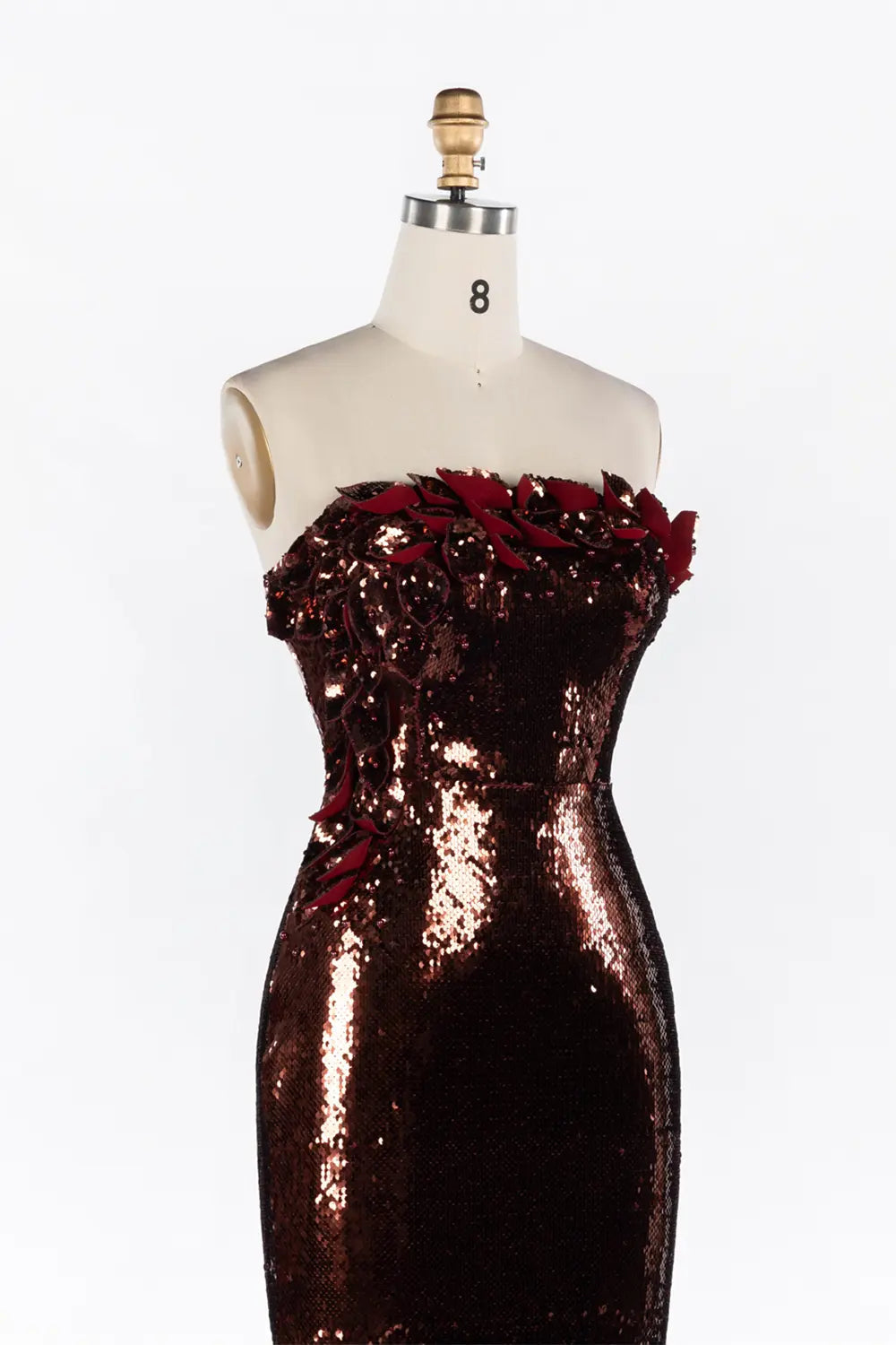 Vestido de noche burdeos de sirena con lentejuelas brillantes y rosas 3D