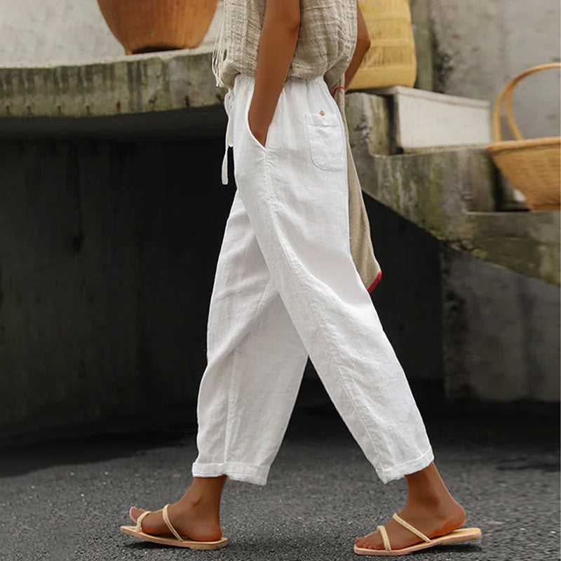 Pantalón casual holgado de algodón y lino con cordones, de color liso