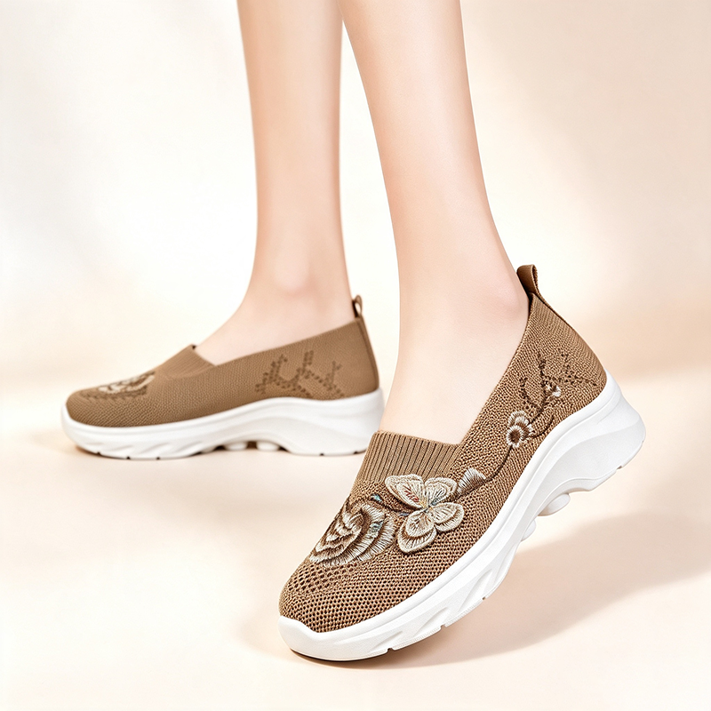 Zapatos de punto transpirable bordados con flores, con plataforma y sin cordones