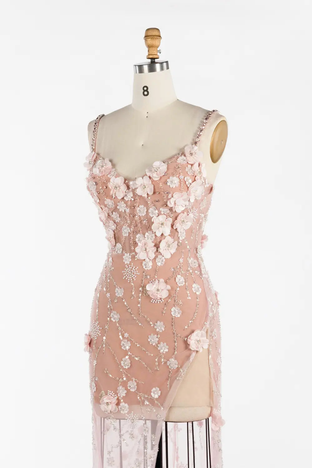 Vestido de noche rosa de sirena con tul y flores 3D