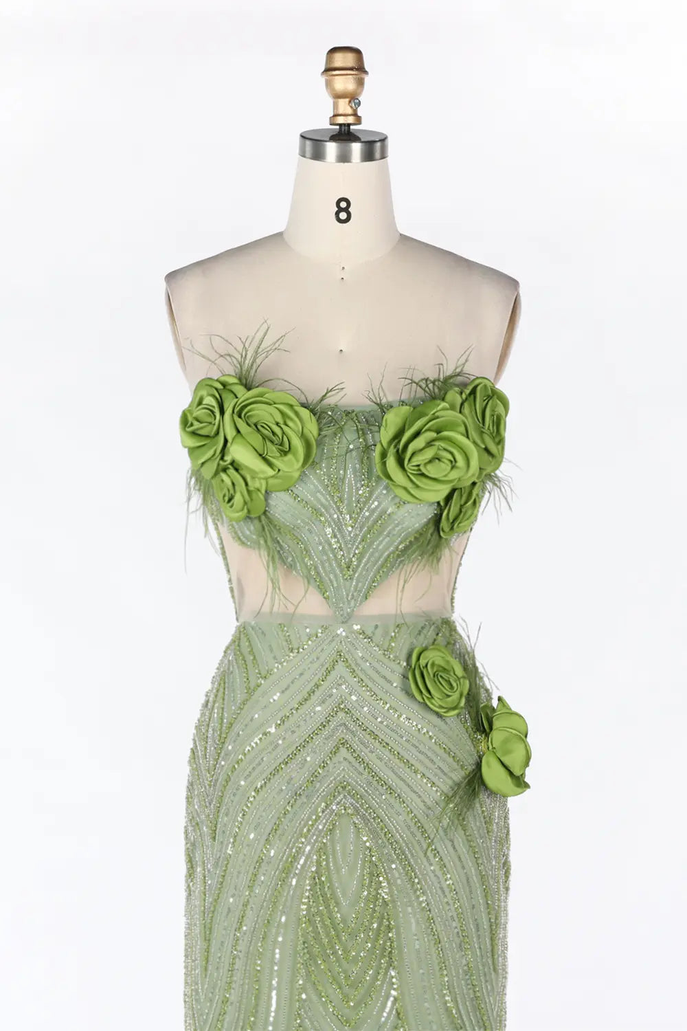 Vestido largo verde palabra de honor con lentejuelas florales