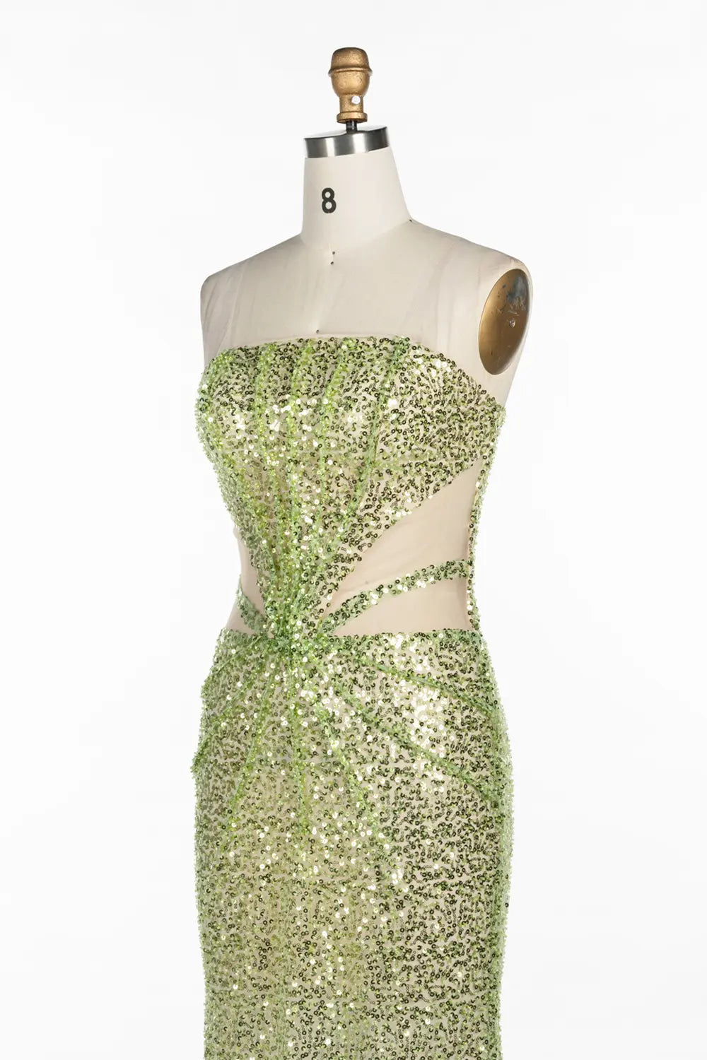 Vestido de noche verde palabra de honor con lentejuelas y aberturas