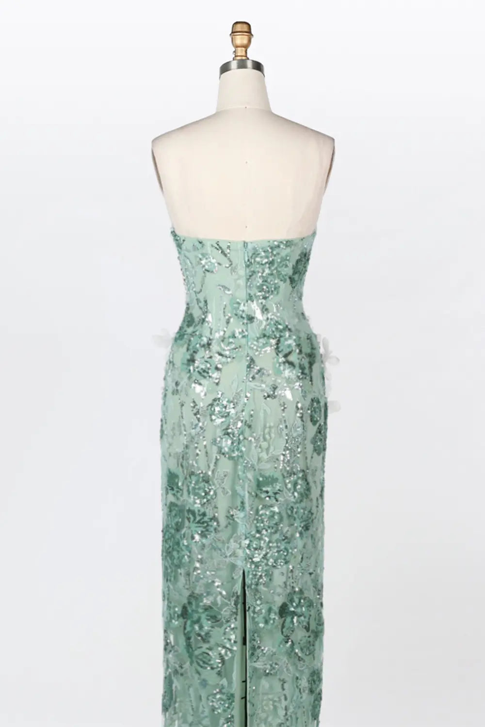 Vestido de noche verde palabra de honor con lentejuelas y flores