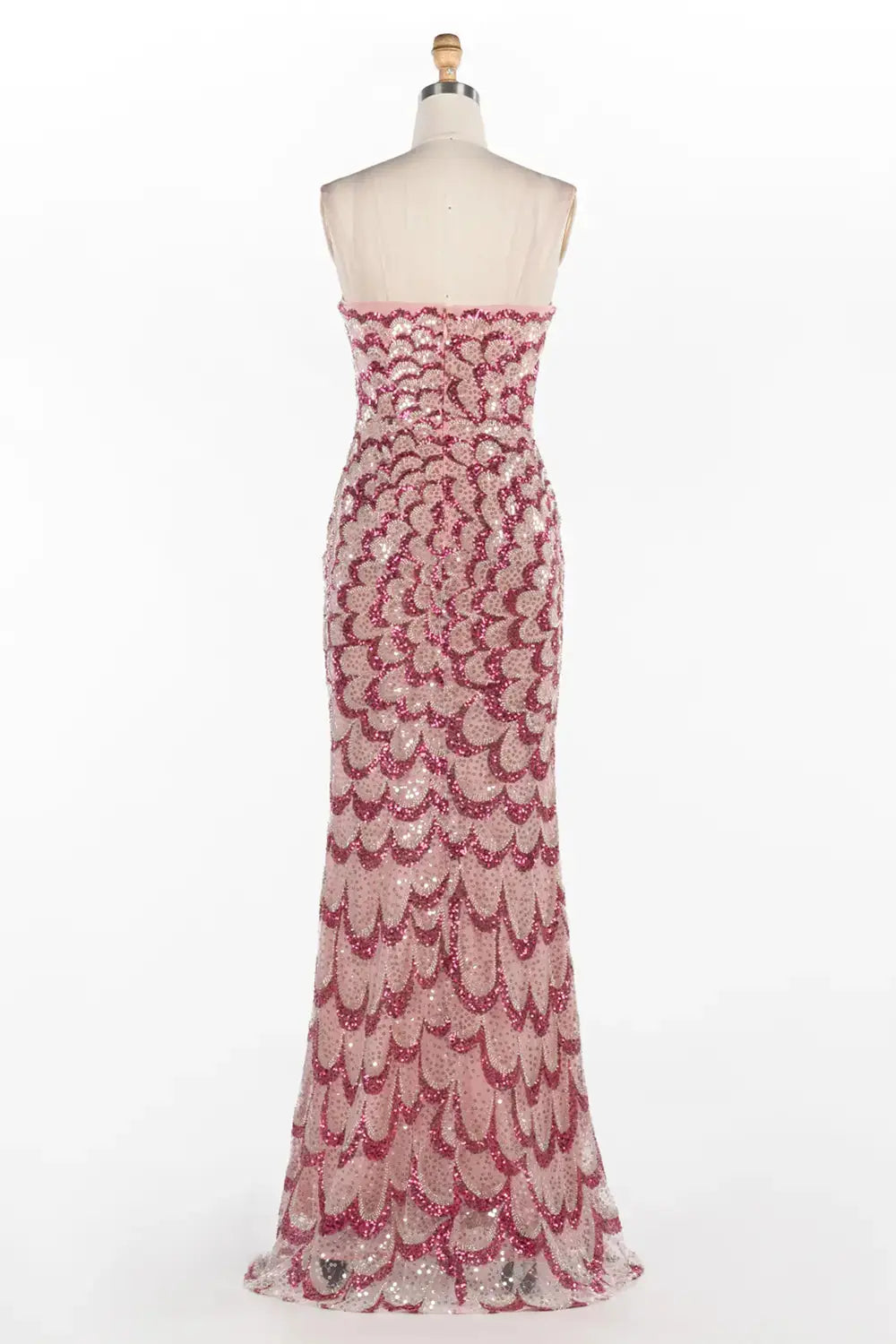 Vestido largo rosa de sirena palabra de honor con lentejuelas efecto escamas
