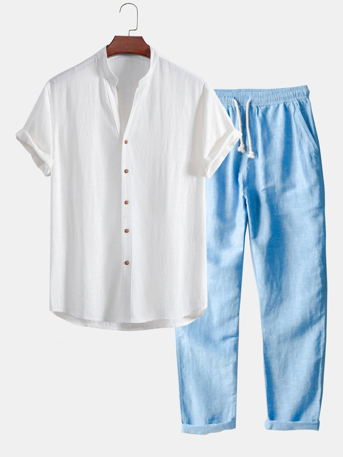 Camisa de mezcla de lino y rayón con cuello en V y pantalones de lino de pierna recta