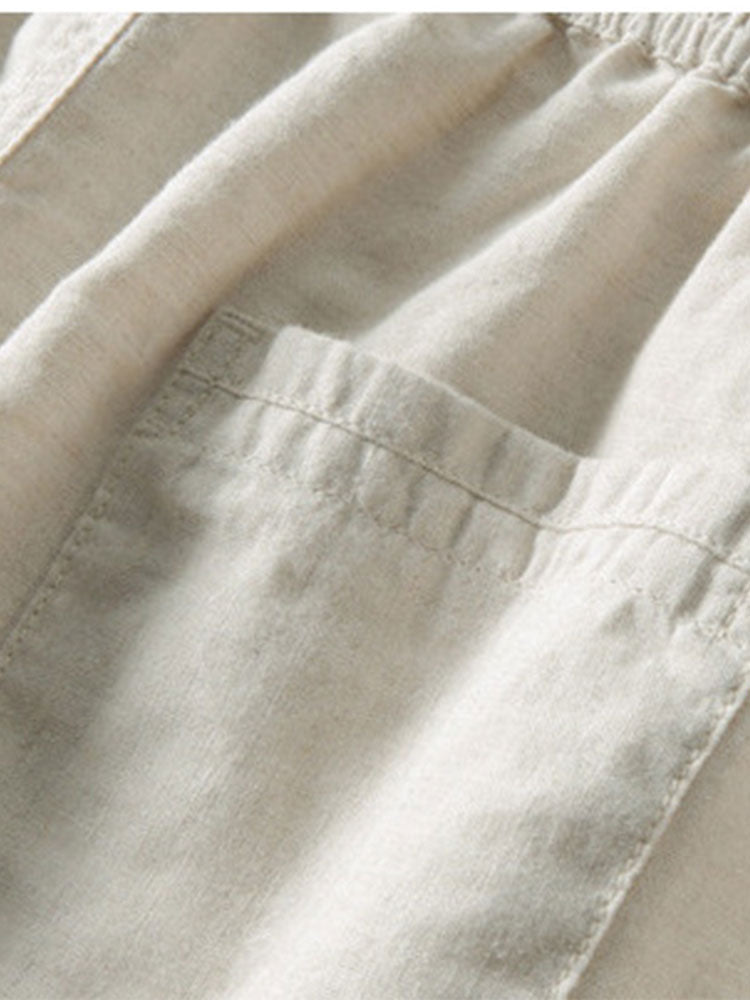 Camisa Henley con Medio Botón y Cuello con Tapeta y Pantalones de Lino de Pierna Recta