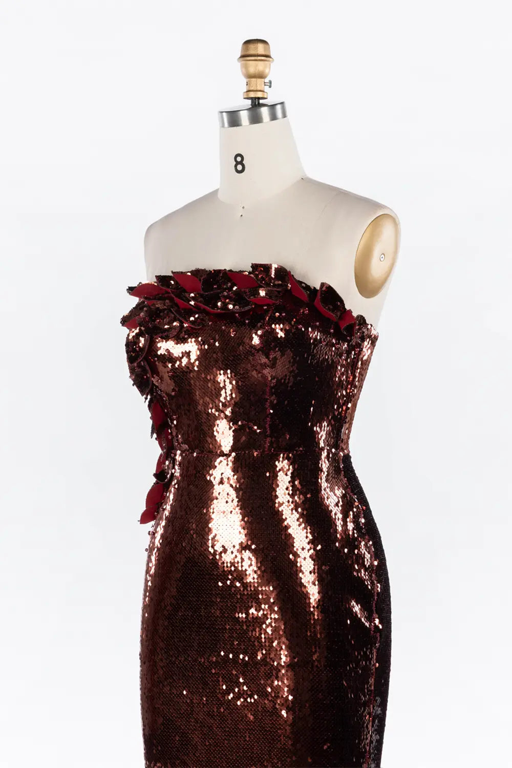 Vestido de noche burdeos de sirena con lentejuelas brillantes y rosas 3D