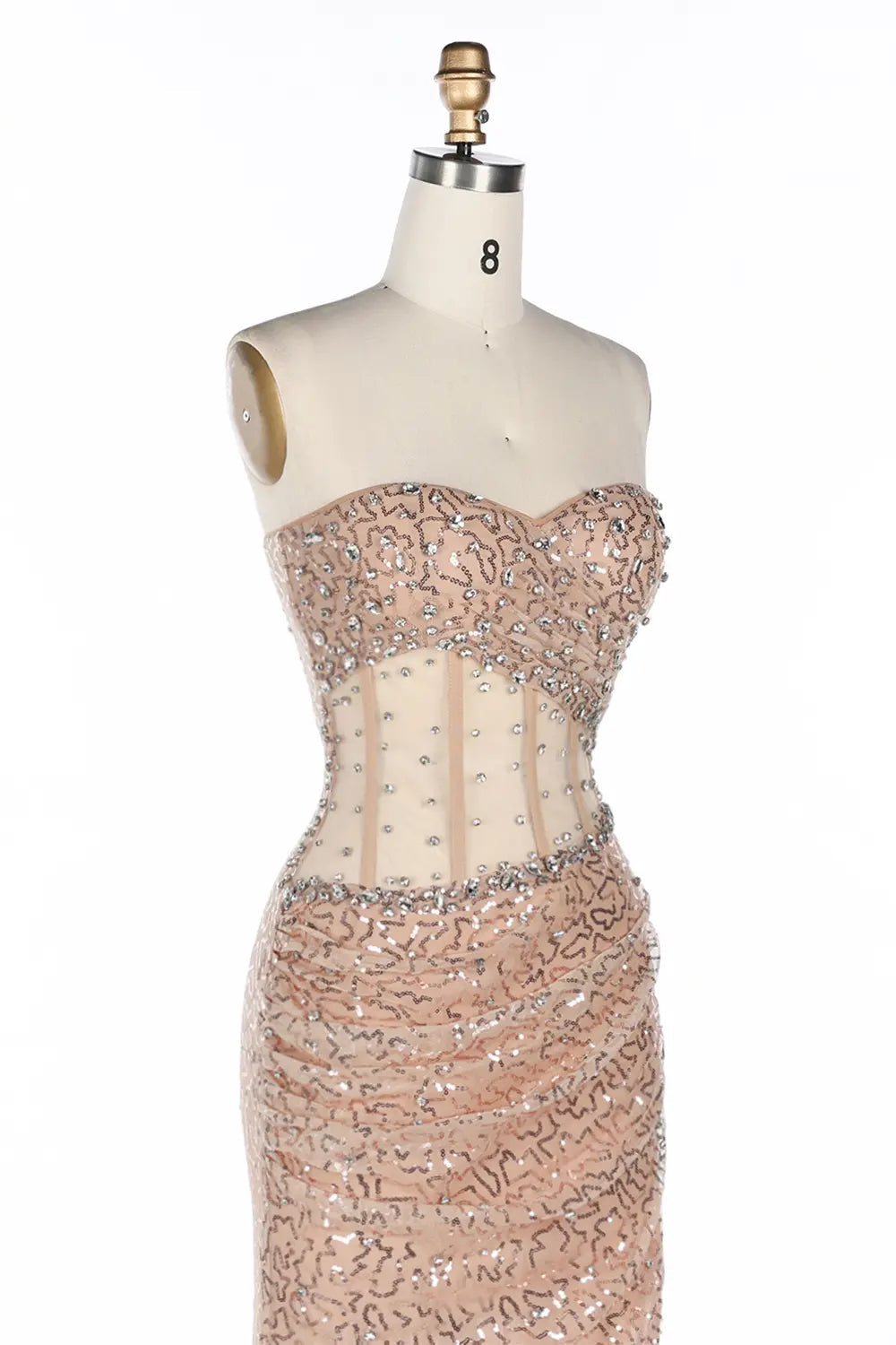 Vestido de noche champán con corsé, lentejuelas y abertura