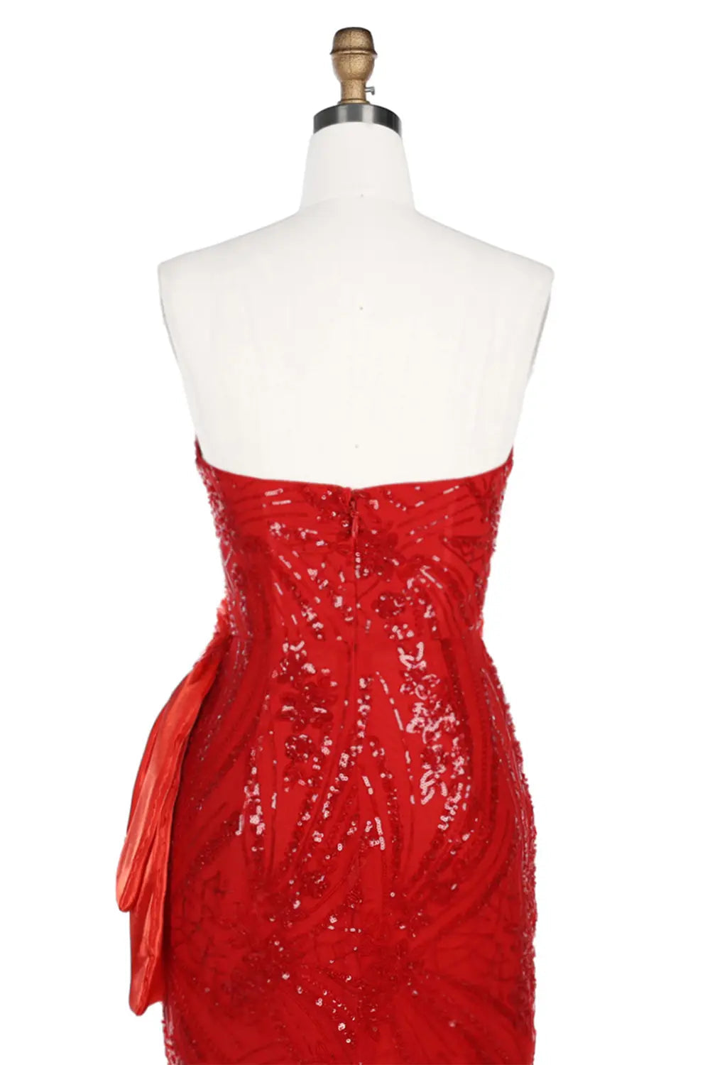 Vestido de noche rojo palabra de honor con lentejuelas y malla transparente