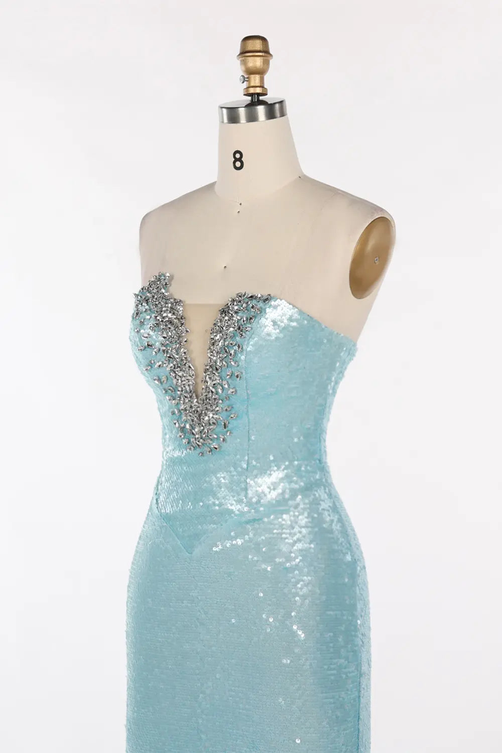 Vestido de noche azul palabra de honor con lentejuelas y abalorios