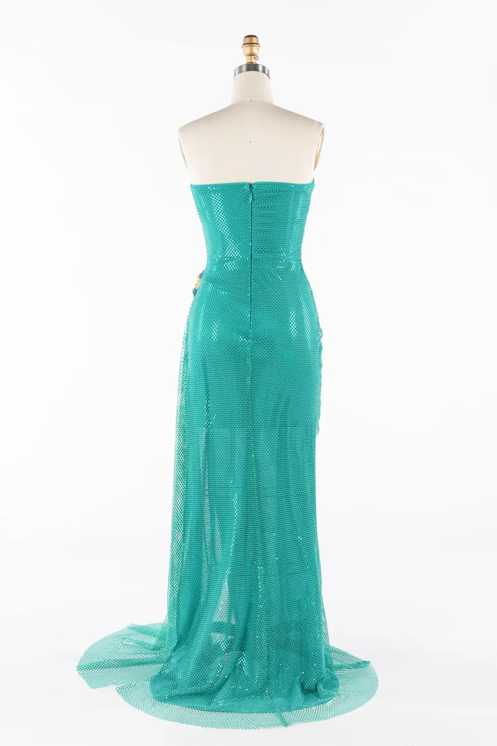 Vestido de noche verde esmeralda palabra de honor con lentejuelas y abertura